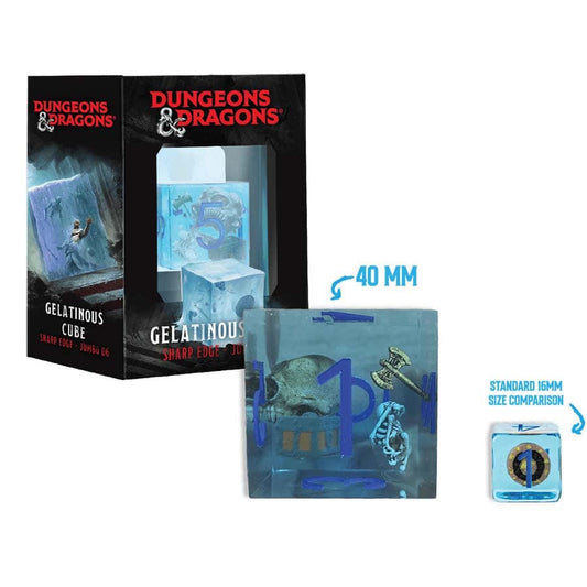 Fanroll D&D Jumbo Gelatinous Cube D6 dice for gaming supplies, featuring clear plastic with green cube design and numbered faces.