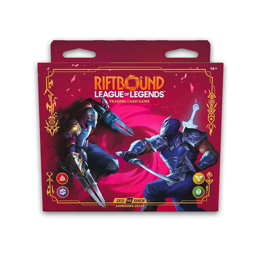 Universus Riftbound TCG Set 4 Vendetta Showdown Deck featuring Zed and Shen trading cards laid out on a surface.