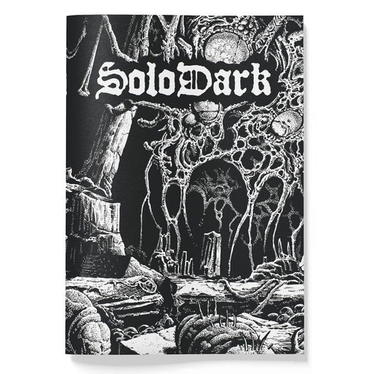SoloDark: Solo Rules for Shadowdark RPG book by The Arcane Library, featuring dark fantasy artwork and game rule illustrations.