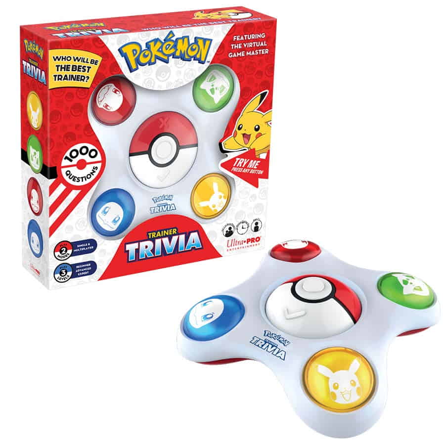 Pokemon Trainer Trivia game by Pokemon USA featuring colorful game box with Pikachu and other Pokemon characters.