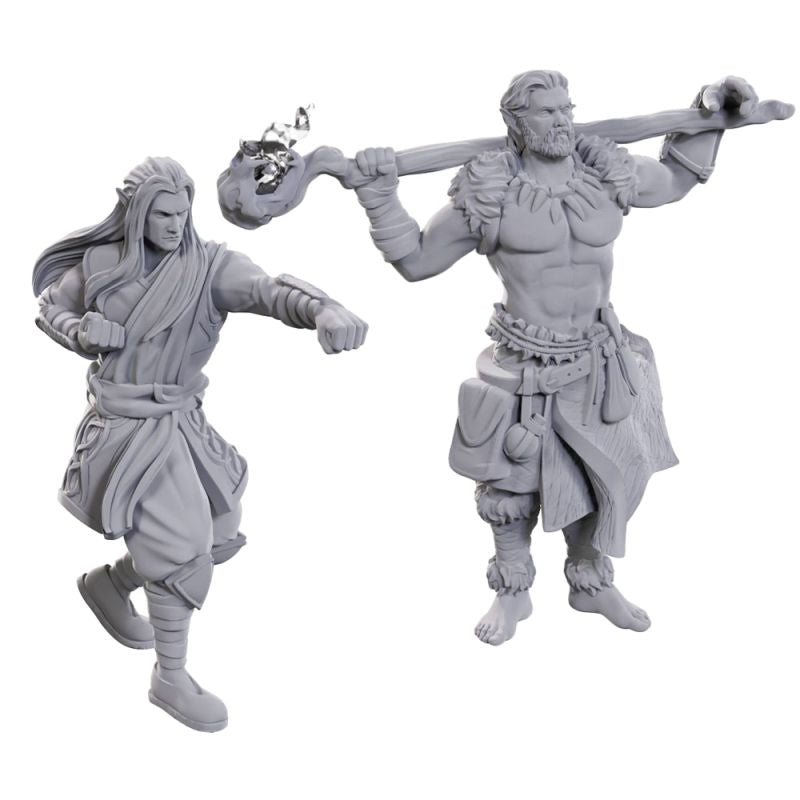 Unpainted D&D Nolzur's miniature of an archdruid and martial arts adept by Wizkids, showing detailed unpainted fantasy miniatures.