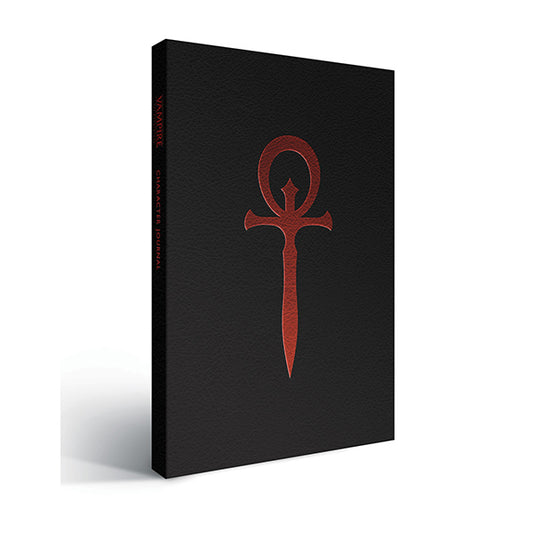 Vampire: The Masquerade 5e character journal by Renegade Game Studios, featuring dark-themed pages for role-playing game notes.
