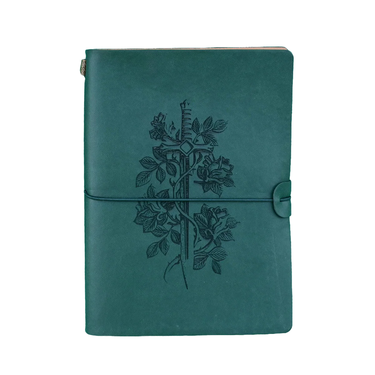 Green character journal by Quartermaster Direct featuring sword and rose design, ideal for writing and creative journaling.