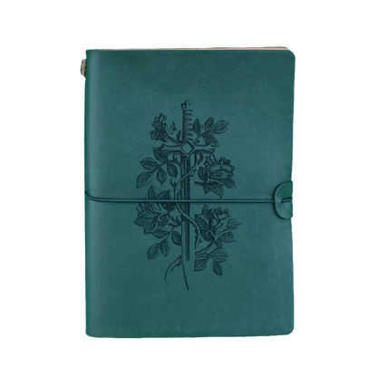 Green character journal by Quartermaster Direct featuring sword and rose design, ideal for writing and creative journaling.