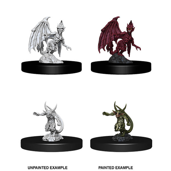Unpainted D&D Nolzur's miniatures of Wizkids W09 Quasit and Imp figures on a display base.