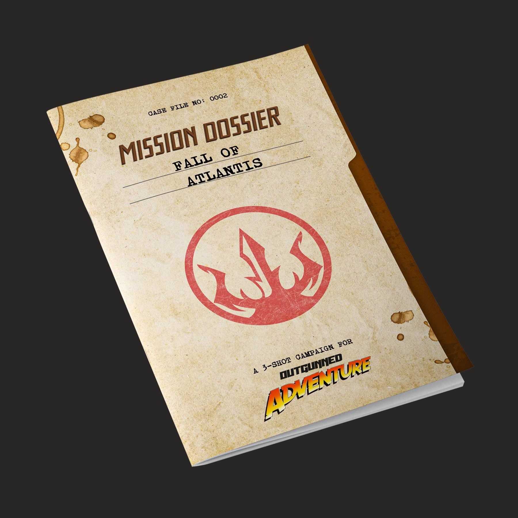Outgunned RPG Adventure Mission Dossier: Fall of Atlantis book by Free League Publishing, featuring cover art with ancient ruins and ocean.