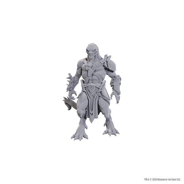 Unpainted D&D Nolzur's Marvelous Miniatures Wizkids W25 Draconian Mastermind figure on a display base.