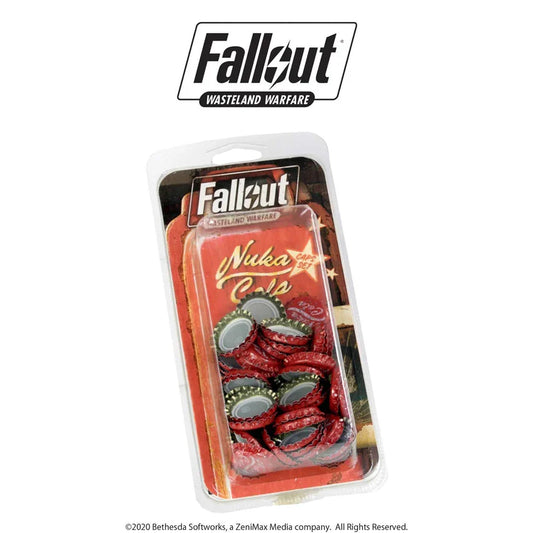 Set of Nuka Cola caps from Fallout: Wasteland Warfare collectible game by Modiphius, featuring colorful bottle cap designs.