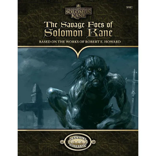 Book cover of "The Savage Foes of Solomon Kane" RPG by Studio 2 Publishing, featuring dark fantasy artwork and title text.
