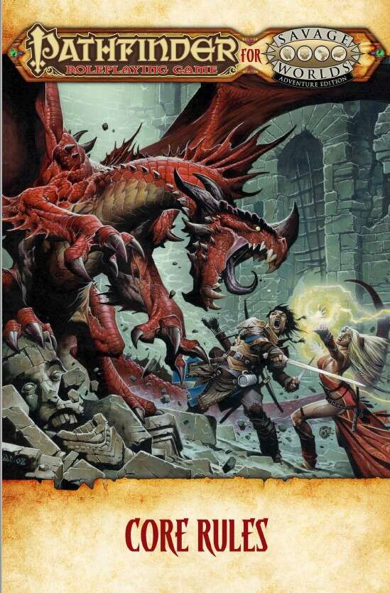 Savage Worlds Pathfinder core rules book by Studio 2 Publishing, featuring cover art and game design details.
