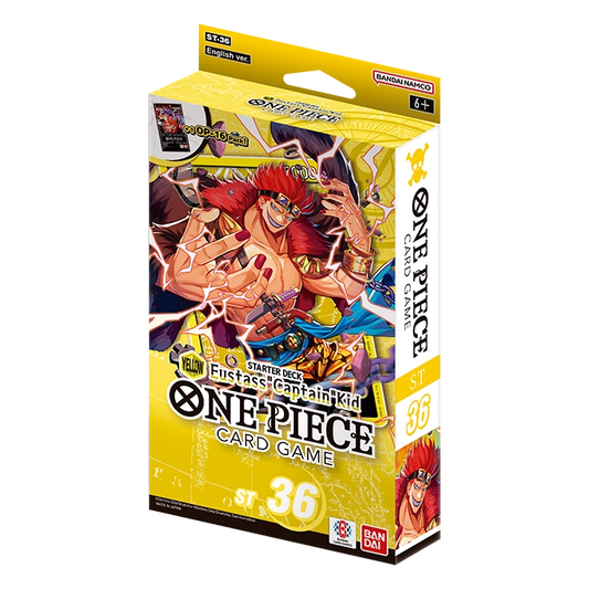 Bandai One Piece Starter Deck 36 Yellow Eustass "Captain" Kid trading card, featuring character artwork and deck details.