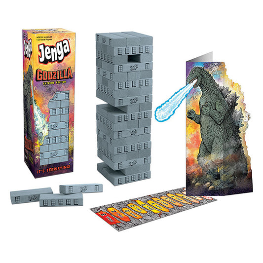 Jenga: Godzilla by USAopoly, wooden block game featuring Godzilla-themed design and imagery, with stacked blocks ready for play.