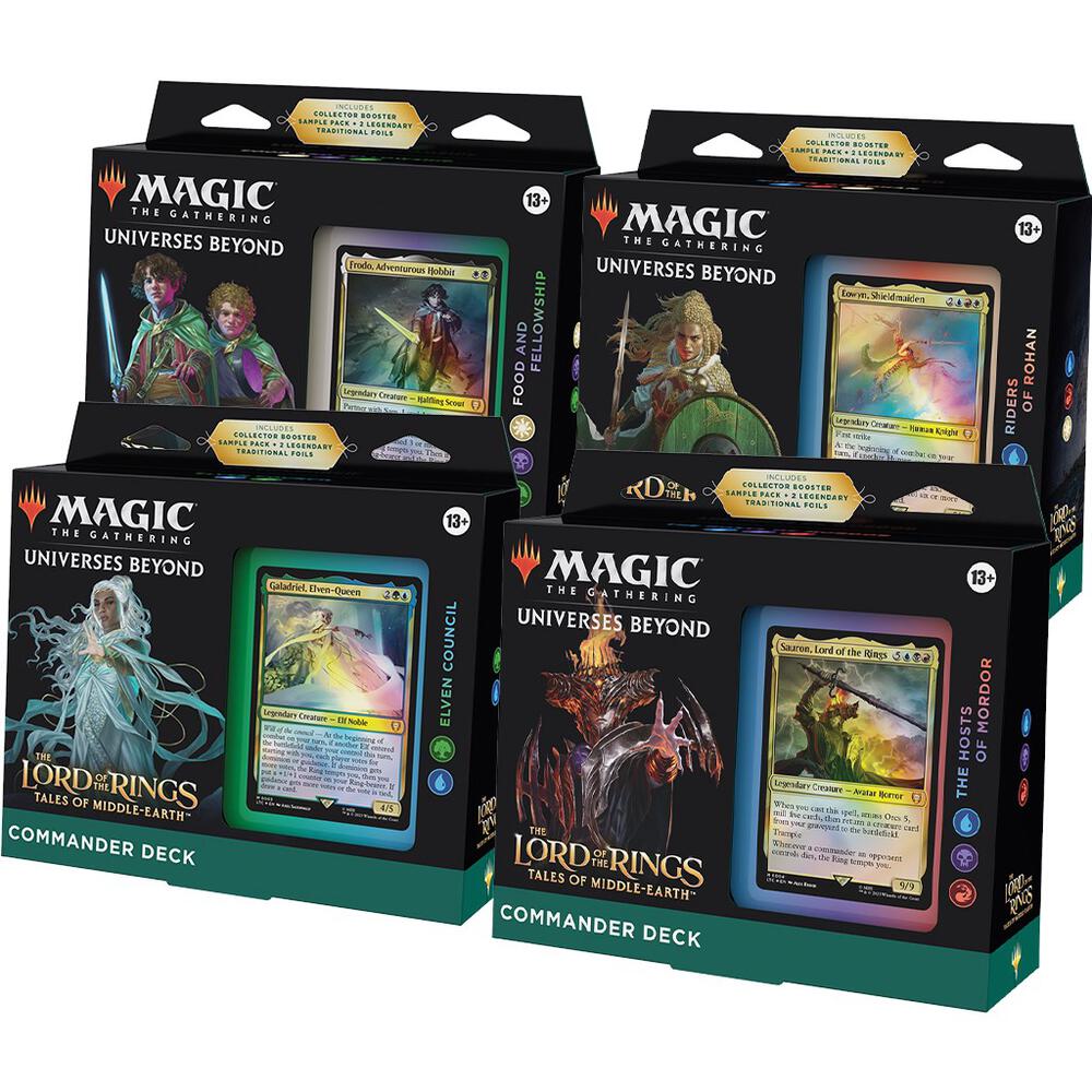 MTG Lord of the Rings Commander Decks by Wizards of the Coast featuring themed cards and artwork from the series.