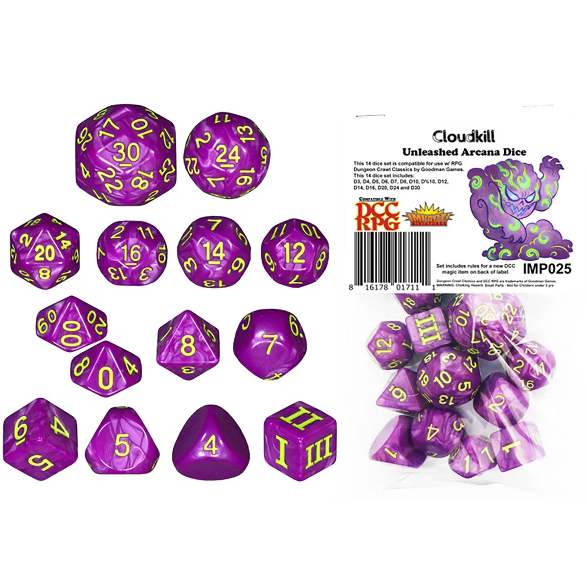 Set of Goodman Games DCC Dice including a four-sided die (D4) with colorful numbers and classic design for tabletop gaming.
