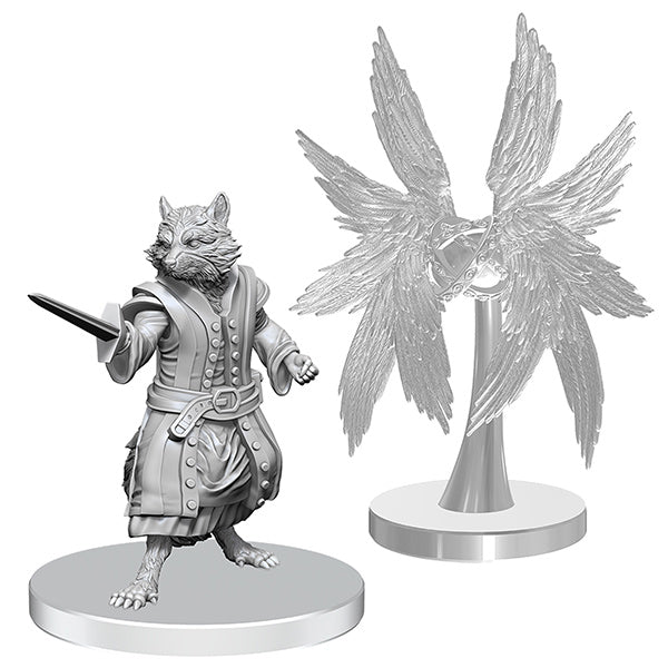 Unpainted miniatures of Pathfinder Deepcuts W27 Procyal raccoon agathion and Zoaem ring archon by Wizkids, shown on a white background.