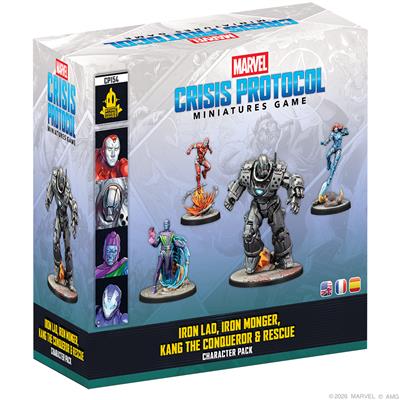 Marvel Crisis Protocol set featuring Iron Lad, Iron Monger, Kang the Conqueror, and Rescue by Atomic Mass.