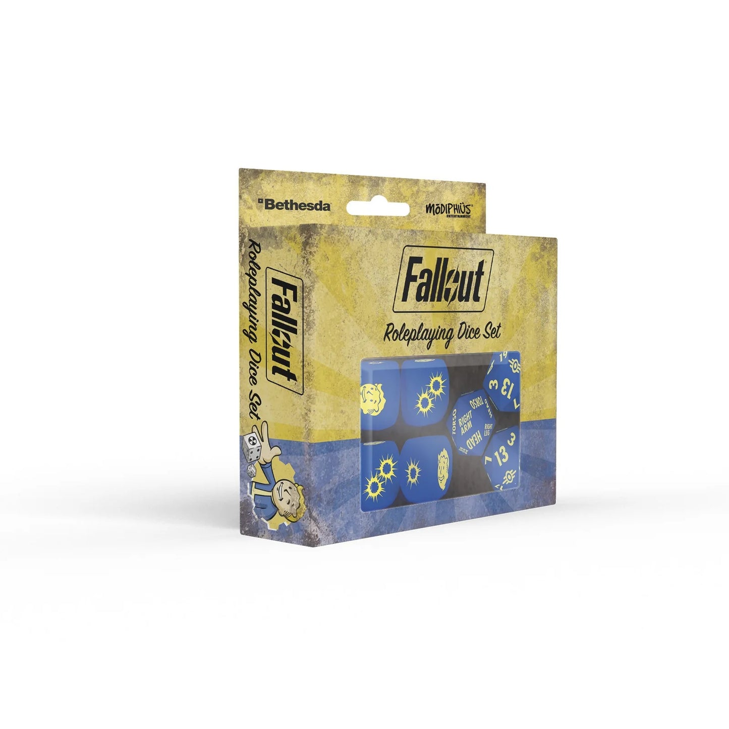 Modiphius Fallout RPG dice set with numbered polyhedral dice for role-playing game, featuring Fallout-themed design.