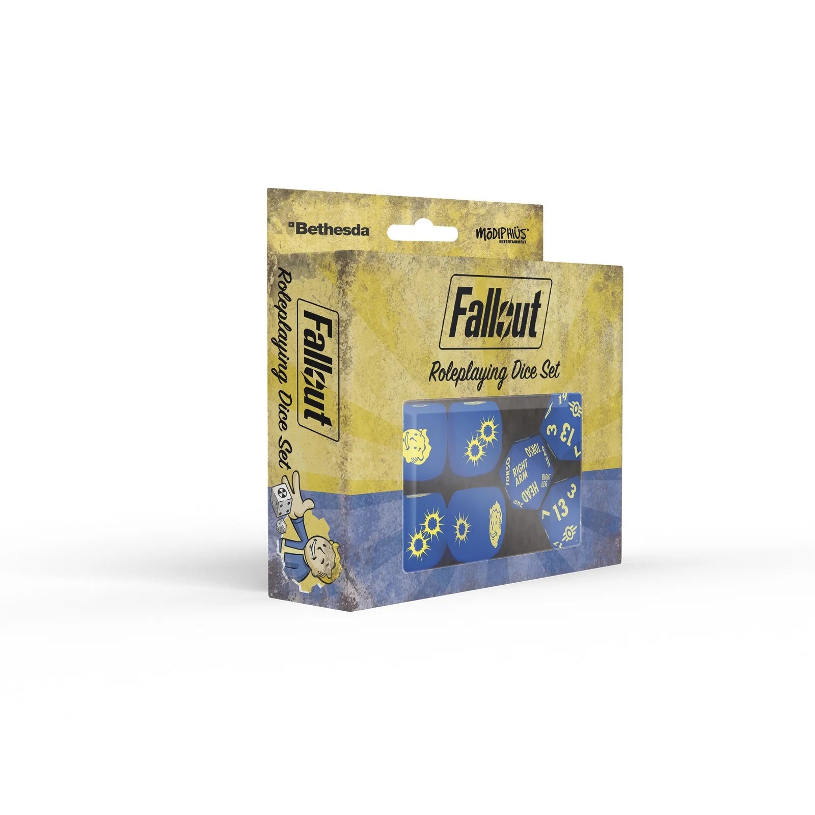 Modiphius Fallout RPG dice set with numbered polyhedral dice for role-playing game, featuring Fallout-themed design.