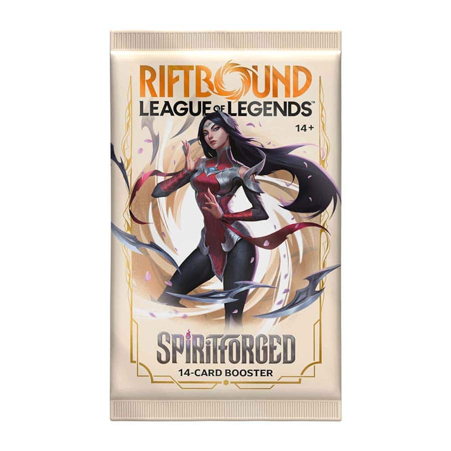Full box of Riftbound TCG Set 2 Spiritforged cards by Universus, featuring colorful collectible trading card packaging.
