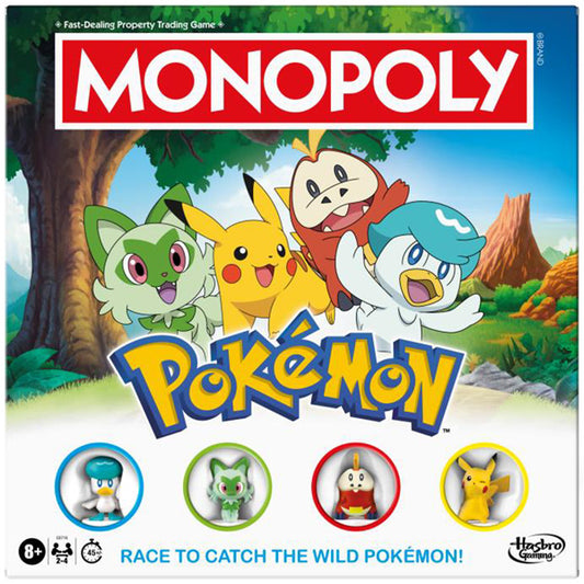 Hasbro Monopoly Pokemon game featuring colorful game board, character tokens, and themed playing pieces for fans of Pokemon.