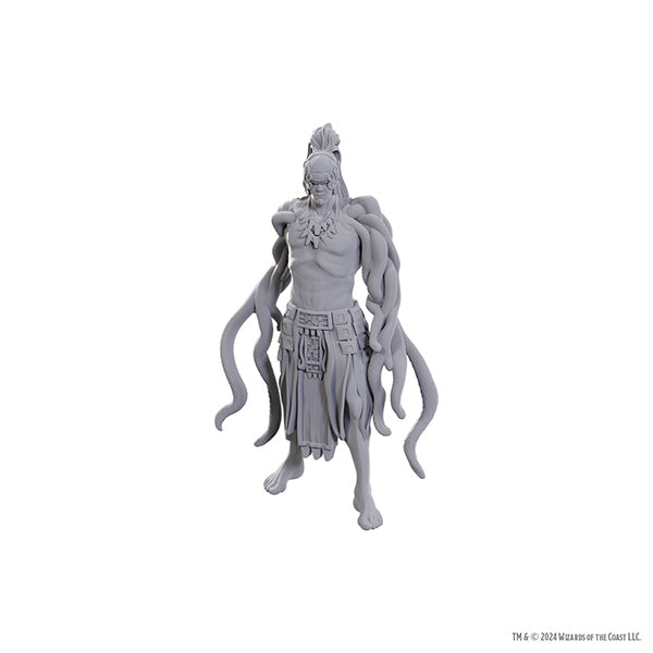 Unpainted D&D Wizkids Nolzur's miniatures W25 Yuan-ti Pit Master figure with snake-like features and detailed sculpting.