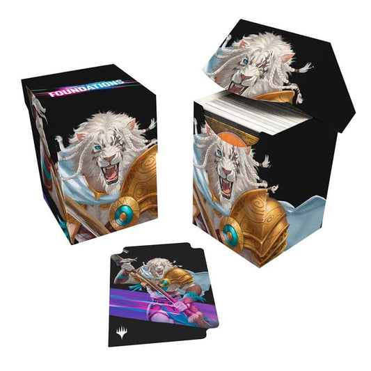 Ultra Pro MTG Foundations Ajani 100+ deck box in light color, designed for Magic: The Gathering card storage.