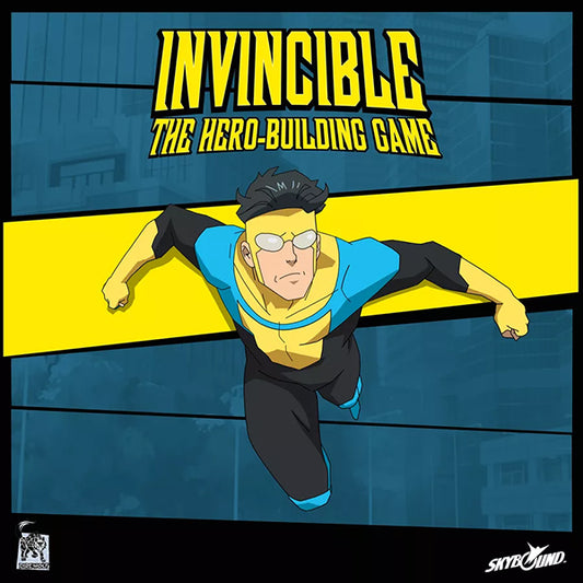 Invincible: The Hero-Building Game gaming supplies box by Dire Wolf Digital with colorful game cards and character tokens.