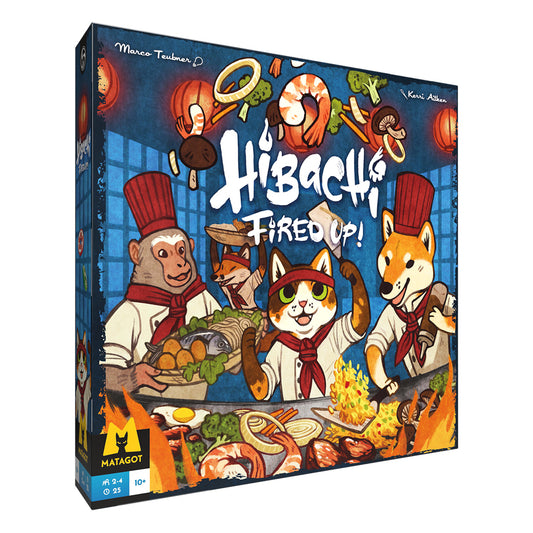 Asmodee Hibachi: Fired Up! tabletop game box with colorful artwork and game components displayed on a table.