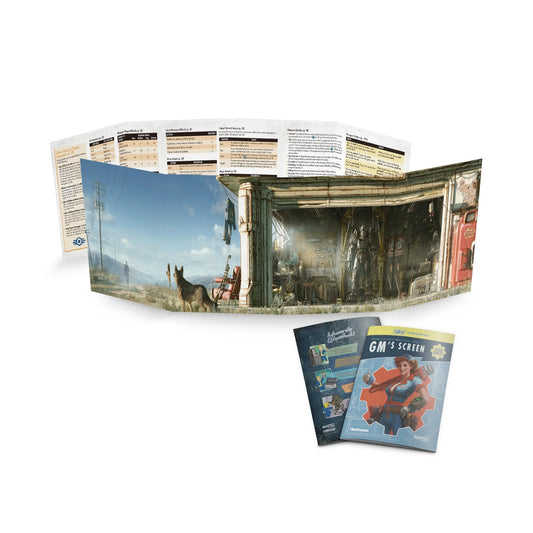 Fallout: The Roleplaying Game GM Screen and booklet by TCB Games & Collectibles, featuring detailed game reference cards and artwork.