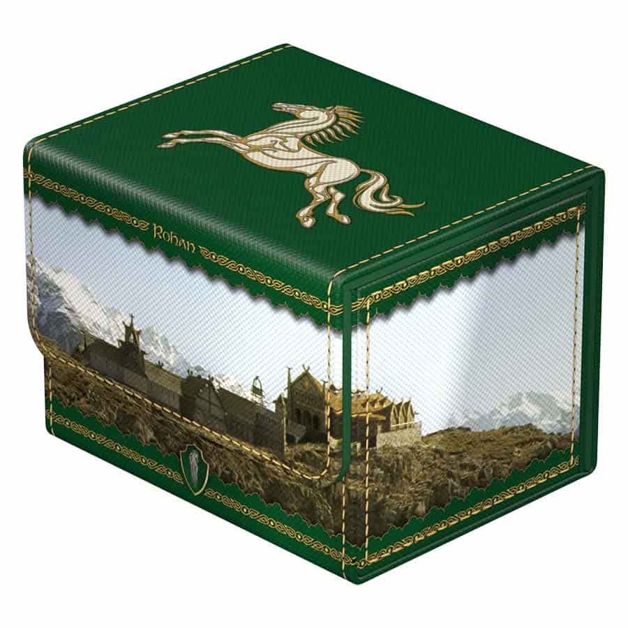 Ultimate Guard Sidewinder 100+ deck case with Xenoskin Lord of the Rings Middle Earth design, showing the case's textured surface and branding.