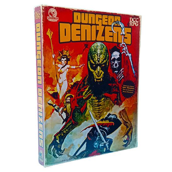 Hardcover Dungeon Denizens DCC RPG book by Goodman Games featuring detailed monster illustrations and fantasy artwork.
