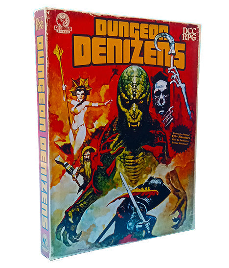 Hardcover Dungeon Denizens DCC RPG book by Goodman Games featuring detailed monster illustrations and fantasy artwork.