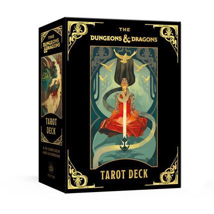 Open book showing the Dungeons & Dragons Tarot Deck by Penguin Random House with illustrated tarot cards spread out.