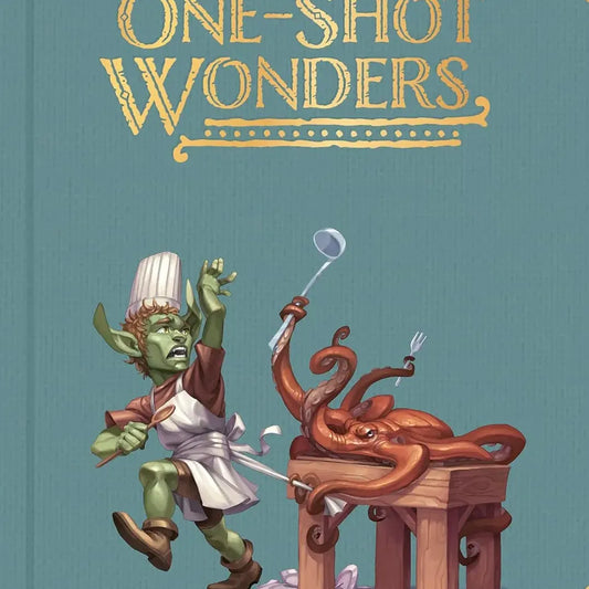 Close-up of the book "One-Shot Wonders" by Roll & Play Press, showing colorful cover design and title on a table.