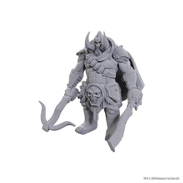 Unpainted D&D Nolzur's Marvelous Miniatures Wizkids W25 Orthon figure on a tabletop scene.