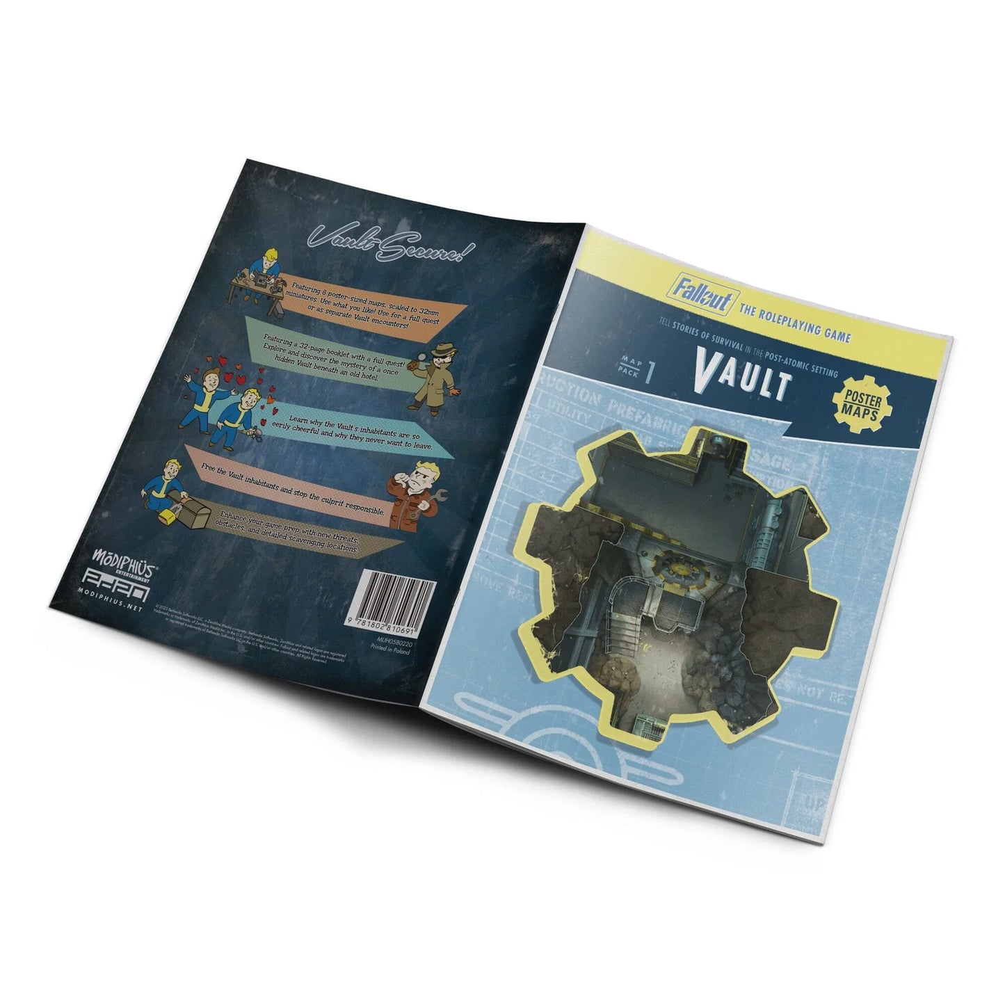 Fallout: The Roleplaying Game Map Pack 1 Vault by Modiphius, featuring detailed vault interior and location maps.
