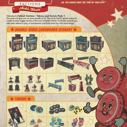 Fallout Factions Tokens and Terrain Pack 1 by Modiphius showing detailed game tokens and scenic terrain pieces for tabletop gaming