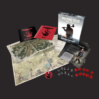 The Walking Dead Universe RPG Starter Set book by Free League Publishing featuring cover art of a post-apocalyptic scene with survivors.