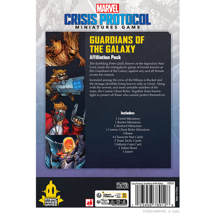 Marvel Crisis Protocol Guardians of the Galaxy Affiliation Pack by Atomic Mass, featuring miniatures and game components on a display sheet.