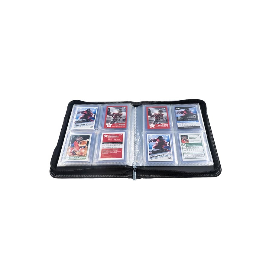 Ultra Pro 4-Pocket Toploader Zippered Premium Binder with clear pockets and secure zipper closure for collectible card storage.