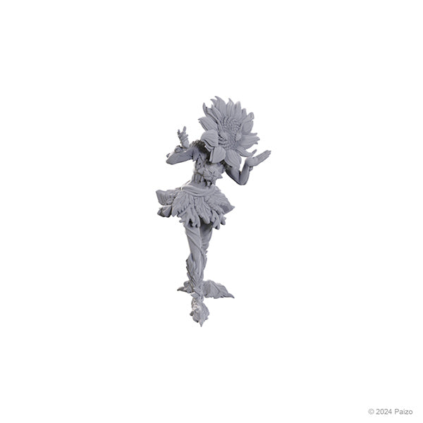 Unpainted D&D Nolzur's Marvelous Miniatures by Wizkids featuring Sunflower Leshy and Fruit Leshy figures on a white background.