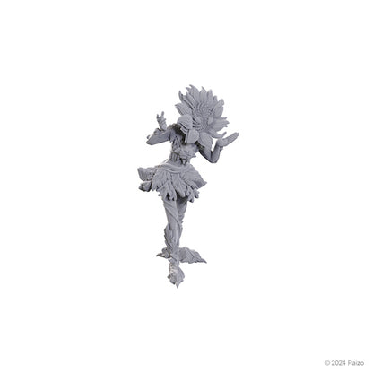 Unpainted D&D Nolzur's Marvelous Miniatures by Wizkids featuring Sunflower Leshy and Fruit Leshy figures on a white background.