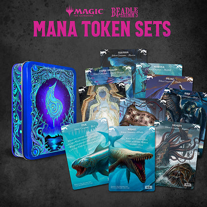 Beadle & Grimm Metal Mana Token Sets for Magic: The Gathering, featuring detailed metal tokens for game use.