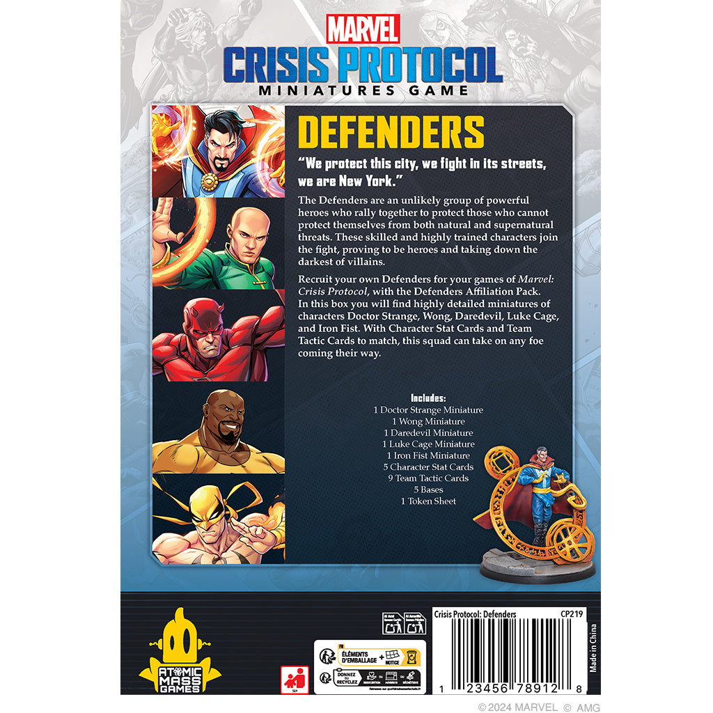 Atomic Mass Marvel Crisis Protocol Defenders Affiliation Pack with miniatures of superhero characters and game components.