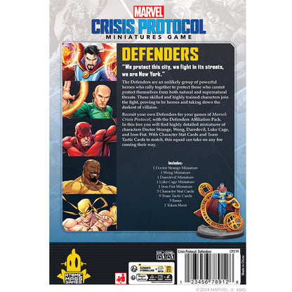 Atomic Mass Marvel Crisis Protocol Defenders Affiliation Pack with miniatures of superhero characters and game components.