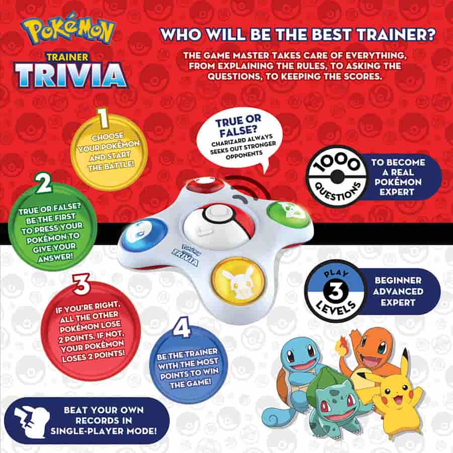 Pokemon: Trainer Trivia game by Pokemon USA showing colorful game box and cards on a table for fun quiz gameplay.