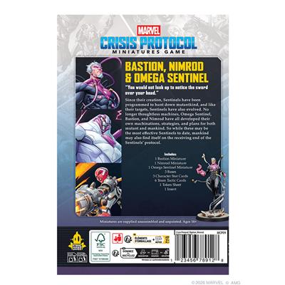Atomic Mass Marvel Crisis Protocol figures featuring Bastion, Nimrod, and Omega Sentinel miniatures in vibrant detail.