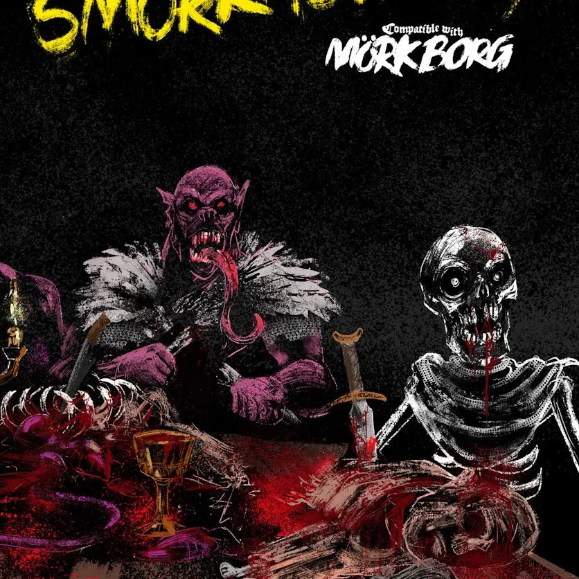 Mork Borg RPG book "Smorkasborg #1" by Studio 2 Publishing, featuring dark fantasy artwork on the cover.