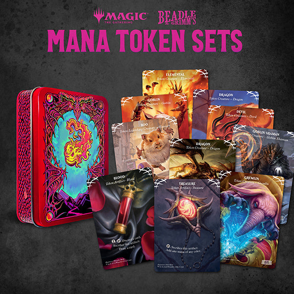 Beadle & Grimm Metal Mana Token Sets for Magic: The Gathering, featuring shiny, detailed metal tokens for card game gameplay.