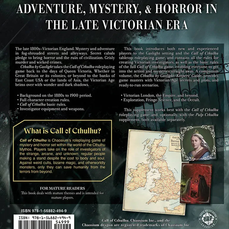 Open RPG guidebook titled "Cthulhu by Gaslight: Investigators' Guide" by Chaosium, showing detailed cover art and vintage design.